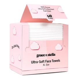 grace & stella Face Towels Disposable - Travel Essentials - Ultra-Soft & Absorbent Face Wipes Towelettes - XL Facial Towels for Cleansing & Makeup Removal - Lint-Free Facial Tissue - Vegan (60 Count)