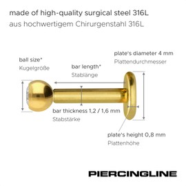 PIERCINGLINE Surgical Steel Labret Stud Crystal Piercing Lip Ear Nose Choice of Colours and Sizes, Stainless Steel