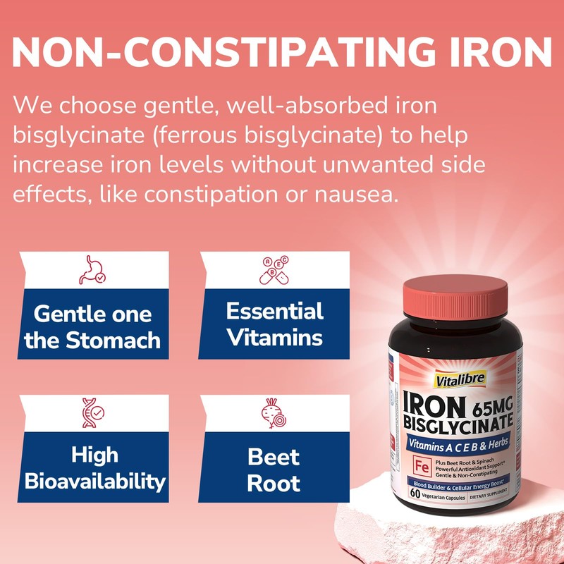 Vitalibre Iron Supplement for Women and Men, Iron Bisglycinate, 65mg