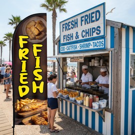 Fried Fish Feather Flag, 8.2ft Fried Fish Flag with Aluminum Pole and Ground Stake for Outside Swooper Flag Advertisng Feather Banner