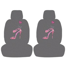 ALLBrand Universal Fit Car SUV Truck Crystal Bling Rhinestone Studded Gray Low Back Front Bucket Seat Cover with Headrest Covers - Pack of 4 (Pink Heel-Grey)