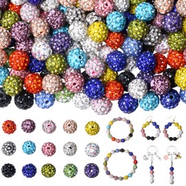 QINJIEJIE 100pcs 10mm Rhinestone Beads for Jewelry Making, 15 Mixed Colors Sparkle Clay Baseball Beads, Shamballa Diamond Beads Bulk, Disco Ball Beads for Pens Bracelet Earring Baseball Necklace