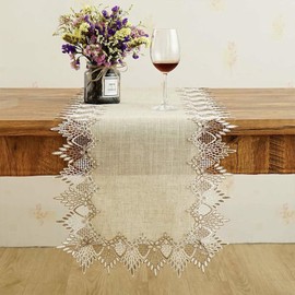 URROMA Lace Table Runner, 1 Piece Linen Table Runner Beige Lace Coffee Table Runners Dresser Scarf Kitchen Home Outdoor Picnic Wedding Decor 72.04*18.11in