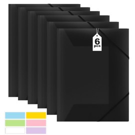 Document Folder A4, Portfolio Folder, Pack of 6, Post Folder A4 School, PP Plastic Organiser Folder with Elastic Band, for School, Office Supplies (Black)