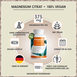 Magnesium Citrate Capsules 720x with 375 mg Magnesium Made of High-Quality Magnesium Citrate - Optimal High Dose & Bioavailable - Laboratory Tested with Certificate - 100% Vegan - Supply for 240 Days