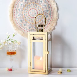 TRIROCKS TRIROCKS Set of 2 Stainless Steel Decorative Lantern 12' High Metal Candle Holder Outdoor Candle Lantern with Tempered Panels for Home Decor Living Room Parties Events Tabletop Indoor Outdoor (Gold)