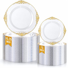 200PCS Clear Gold Plastic Plates for Wedding & Party