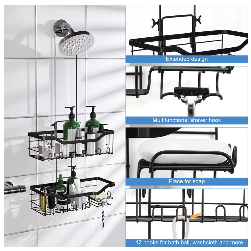 Joqixon Shower Caddy, UPGRADED Extended Length Shower Caddy Over Shower