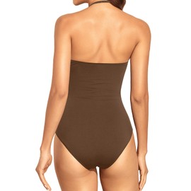 Holipick Women Brown One Piece Swimsuits Tummy Control Bathing Suits Halter Strapless Bandeau Swimwear XXL