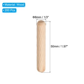 PATIKIL 1/3 Wooden Dowel Pins, 200 Pcs M8x50mm Wood Dowel Pins Hardwood Pegs Fluted Groove Easy Insertion for Crafts Furniture Door Art