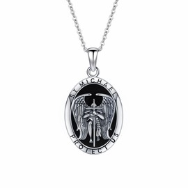 HUKKUN St Michael/St Christopher/Crucifix Cross Necklace for Women Sterling Silver Archangel Angel Necklace Protection Jewelry Christian Gifts for Women, Sterling Silver, Onyx