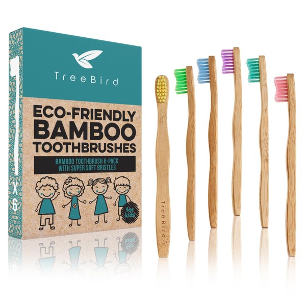 TreeBird Kids Bamboo Toothbrush 6-Pack | Super Soft Bristles | Eco-Friendly Dental Care for Children | Compostable Natural Organic Wood Handles | Colorful BPA-Free Brushheads