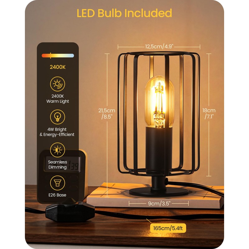 GOEBLESON Industrial Small Table Lamp, Small Bedside Lamp with Dimmable