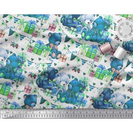 Soimoi Blue Heavy Canvas Fabric Teddy Bear,Gift Box & Celebration Flag Party Decor Fabric Printed BTY 58 Inch Wide