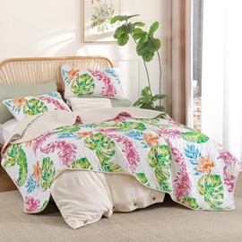 Luxudecor Tropical Plants Quilt Set Queen Size 3 Pieces Green Blue Pink Palm Leaves Bedspread Rainforest Style Coverlet Soft Lightweight Bedding Set Cover All Season 96"x90"