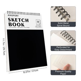 KINSPORY Sketchbook A4 100gsm, 100 Pages (50 Sheets), Acid-Free Art Drawing Pad, Spiral Bound Drawing Paper, Painting Writing Sketching Pad for Kids Adult Teens Girls Boys - 21 x 29.7cm