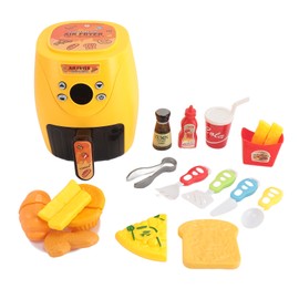 Kids Air Fryer Toy Set with Color Changing Cola Pizza Bread Chips Play Kitchen Accessories for Boys Girls Yellow