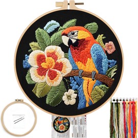 FONNUY Embroidery Kit for Beginners, Birds with Flowers Pre-Stamped Pattern Kits for Adults with Hoop, Easy to Follow Color Thread Needlework, 8'' Hoop (Orange Parrot)
