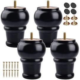 TCHOSUZ 4 inch / 10cm Wooden Furniture Legs, Pack of 4 Classic Black Solid Wood Turned DIY Replacement Bun Feet with M8 Hanger Bolts & T-Nuts for Sofa Couch Ottoman Cabinet Table Riser