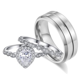 CEJUG Teardrop Wedding Ring Sets for Him and Her Women Men Titanium Stainless Steel Bands Cz 18k Gold Plated Pear Couple Rings, 18k Gold,Gemstone,Stainless Steel,Titanium,Zirconia, Cubic Zirconia