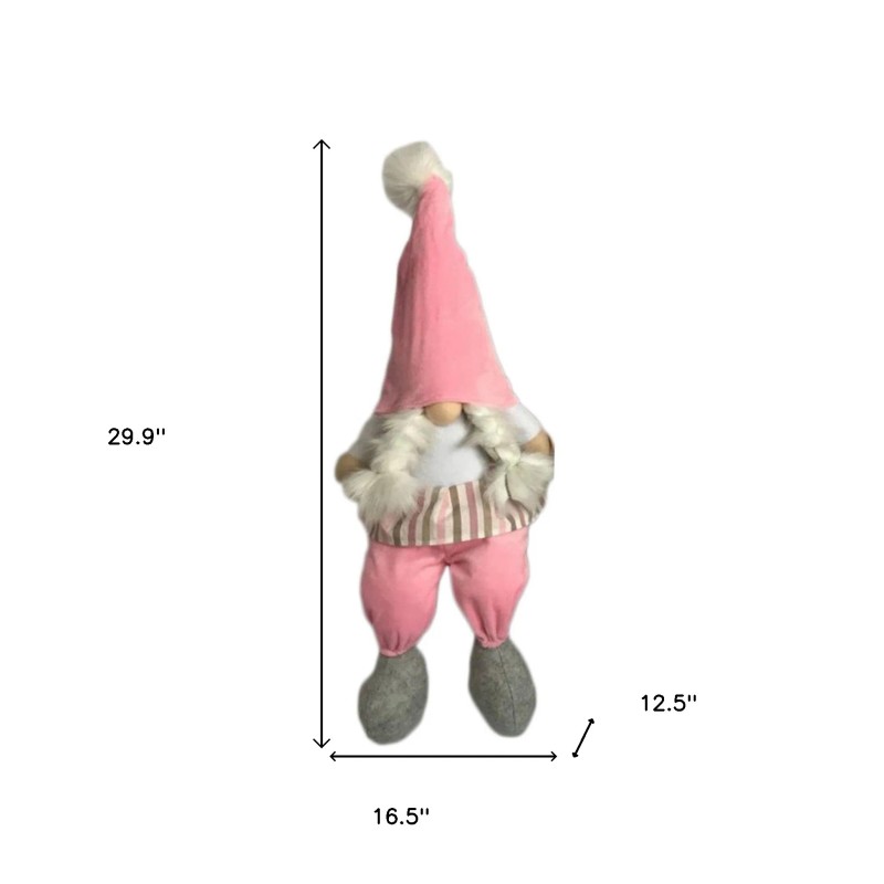Homeroots 30" Pink and White Fabric Christmas Standing Gnome Tabletop