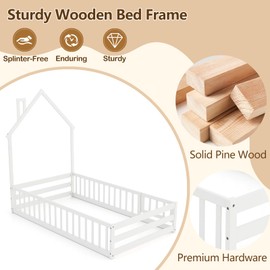 GORELAX Twin Floor Bed, Montessori House Bed, Floor Kid House Bed Frame with Fence, No Box Spring Needed, Wood Twin Size Platform Bed Frame for Boys, Girls (White)