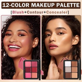 Paleta de Maquillaje Facial, Paleta de 12 Colores de Corrector y Colorete Larga Duración, de Aspecto Natural, Difuminable, 2 en 1 Paleta de MaquillajeFacial con Corrector y Colorete Mate en Crema
