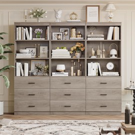 FOTOSOK 71 Inches Tall Storage Cabinet, Bookcase with 3 Drawers and 3-Tier Open Shelves, Wooden Bookshelf Storage Organizer for Living Room, Study, Kitchen, Home Office, Ash Grey