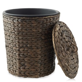 Casafield Water Hyacinth Trash Can with Lid and Liner - Espresso Brown, Woven Wicker Waste Basket for Bathroom, Bedroom, Laundry Room, Home Office