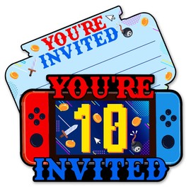 Video Game 10th Birthday Party Invitations, Video Game Console Shaped Fill in Invitations Invites for 10 Year Old, 20 Pack with Envelopes for Boys Kids Birthday Party Decorations Supplies, Favors