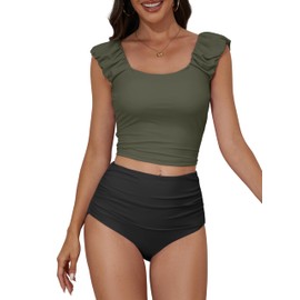 Eomenie Tankini Swimsuits for Women Tummy Control Ruched Bathing Suit Two Piece Swim Tank Top with High Waisted Bottom Army Green Black