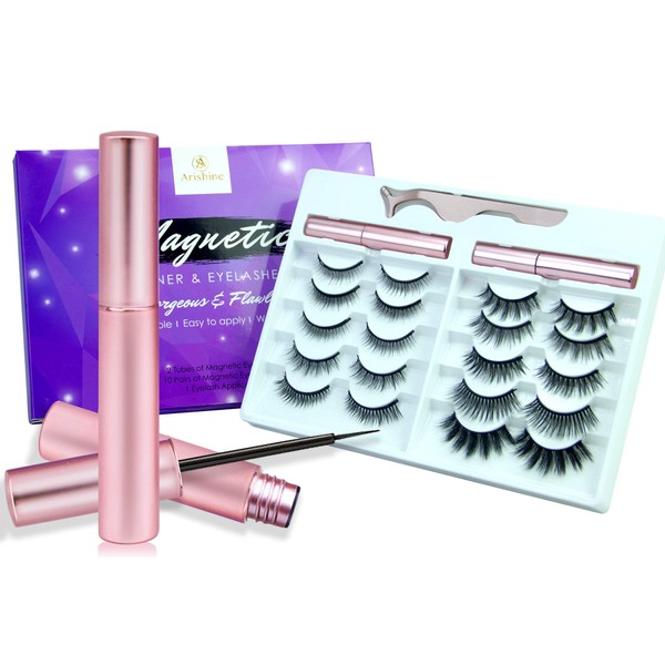 Updated 3D 6D Magnetic Eyelashes with Eyeliner Kit- 2 Tubes of Magnetic Eyeliner & 10 Pairs Magnetic Eyelashes Kit-With Natural Look & Reusable False lashes -No Glue Need