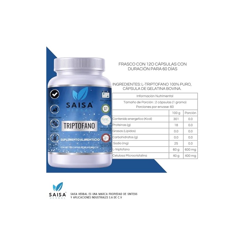 L-triptófano 120 Cápsulas Saisa Herbal | Sueño, Ánimo Y Estrés