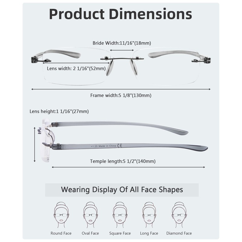 Gr8Sight 7-Pack Rimless Reading Glasses with Small Lenes (Silver,+1.00) H1
