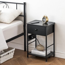IDEALHOUSE Nightstand with Charging Station - Nightstands Set of 2 for Bedroom, Bedside Tables with Drawer, Modern Black 2-Tier Storage End Table, End Tables with Open Storage