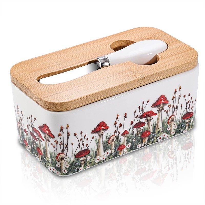 Fungi Fun Ceramic Mushroom Butter Dish with Lid and Knife,