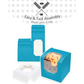 Gcardist Lake Blue Cupcake Boxes Individual Cupcake Container 15Pcs 8.9x8.9x8.9cm Auto-Pop up Single Cupcake Boxes (15 Boxes+15 Inserts,3.5"x 3.5"x 3.5" inch)