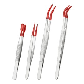 PATIKIL Craft Tweezers with Rubber Tips, 4 Pcs PVC Coated Tweezers Set Long Stainless Steel Bent Straight Flat Tip for Stamp Sticker Crafts Beads Jewelry Tools, Red 4.3" 5.9"