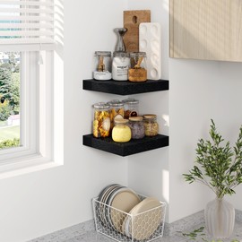 Fun Memories Black Floating Shelves 8 Inch Long, 8" Deep Wall Shelves, Small Deep Floating Shelf Square Wall Shelf, Rustic Display Shelves for Living Room, Bathroom, Kitchen, Set of 2