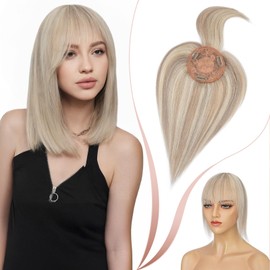 Elailite Human Hair Topper With Fringe Clip in For Women Thinning Hair - 100% Real Hair Invisible Toupee Mono Base Crown Hair Extension Hairpiece (#18Y/613 Ash Blonde Mix Bleach Blonde, 10 inch)