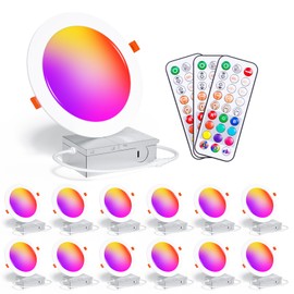 Recessed Lighting 6 Inch RGBCW Color Changing Canless LED Recessed Ceiling Light with Junction Box,16W 1350LM LED Downlight Dimmable by Remote Control, Memory, 3 Modes, Delayed Light Off, 12Pack