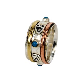 925 Sterling Silver Copper and Brass Tri Tone Metal Meditation Spinner Ring Fidget Anxiety Relief Ring Wide Band, Anti Stree Ring, Worry Ring, Spinning Ring, Ring Size US7