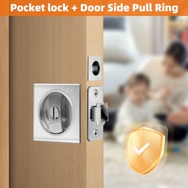 Lipshome Pocket Door Lock, Pocket Door Lock with Key, Pocket Door Hardware, Sliding & Barn Door Hardware, Square Design (Silver keyless Model)