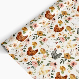 JarThenaAMCS Floral Hen Wrapping Paper -Mini Roll- 17 Inch x 32.8Ft Watercolor Flower Chicken Gift Wrap Paper Rustic Art Paper for Farmhouse DIY Craft