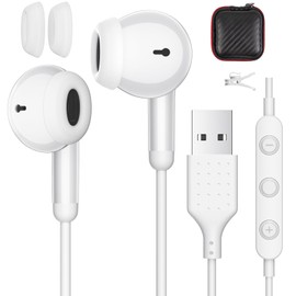 AFGHOA USB Earbuds with Microphone for PC Laptop,7.5 Ft USB A Headphones Wired for Computer, USBA Headset with Mute in-Line Stereo Noise Canceling Call Cord Earphones for Dell, Zoom Meeting,White