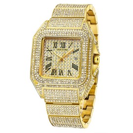 PINTIME Men's Quartz Wrist Watch Full Ice Sparkling Rhinestone Luxury Large dial Full Diamond Crystal 43mm Square Watch Fashion Trend Punk Hip Hop Jewelry Men's Watch - Color: Gold