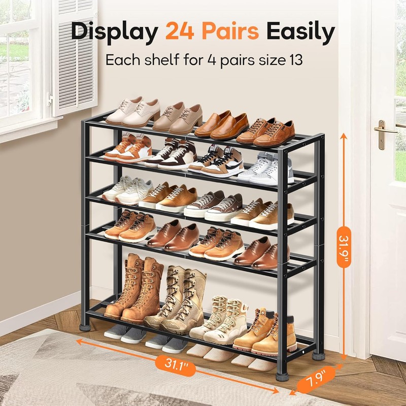 KEETDY 5-Tier Heavy Duty Shoe Rack for Garage Entryway, Stackable