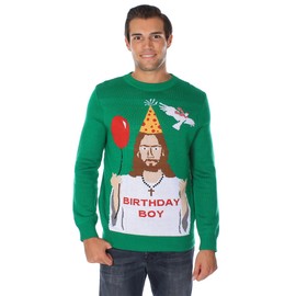 Tipsy Elves Ugly Christmas Sweaters for Men - Colorful and Funny Men's Christmas Sweaters - Hilarious Holiday Pullovers - Men's Green Happy Birthday Jesus Christmas Ugly Sweater Size Large