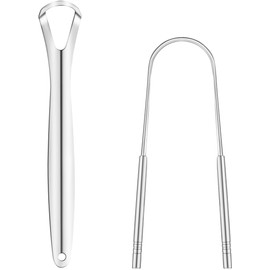 Esquirla Limpiador de Lengua Acero Inoxidable, Raspadores de Lengua Reutilizable, Tongues Scraper Forma de U y Recta para Fresco Cuidado Bucal, 2 Piezas, Plata(150X26mm)