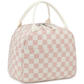LEDAOU - Lonchera aislada para mujer, bolsa de almuerzo de pana, a prueba de fugas, para viajes, trabajo, picnic (a cuadros, rosa)